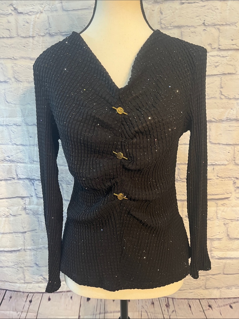 AZI New York Ribbed Sequin Top Ruched Front Faux Gold Metal Toggles Size Small